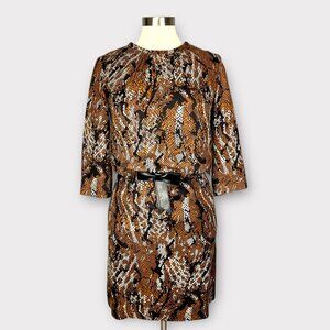 Etcetera Womens Python Print Dress Brown Black Silk Wool Bow Detail Size 2